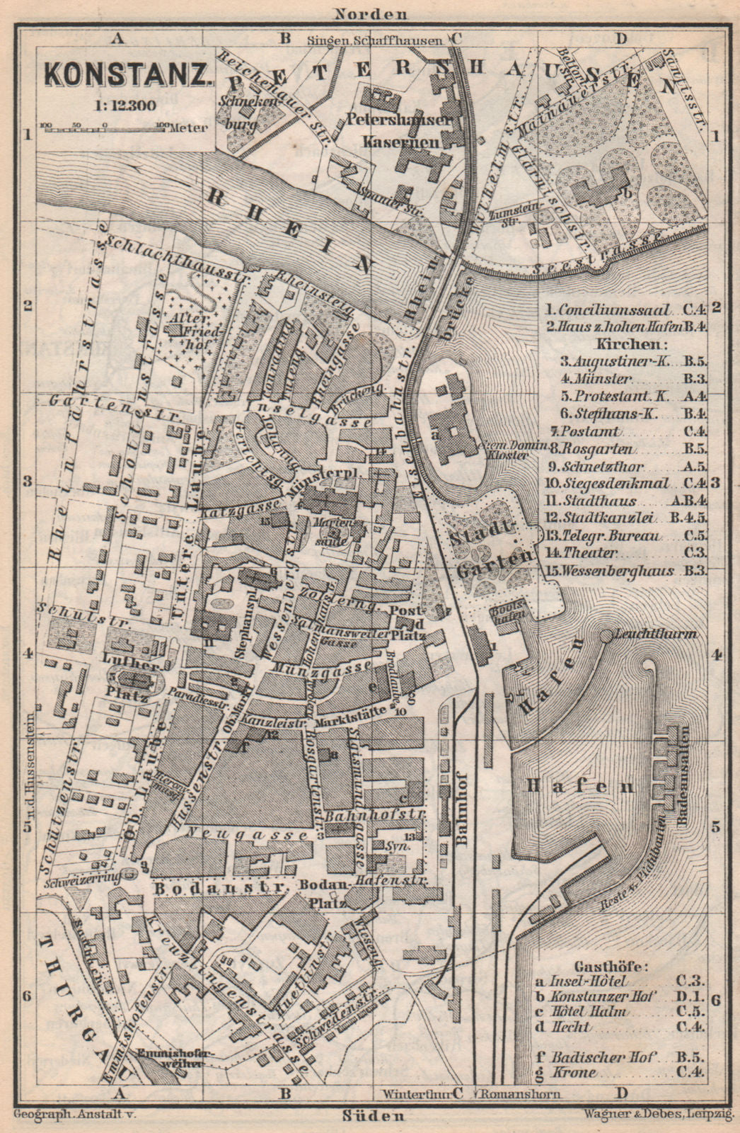 CONSTANCE. KONSTANZ. town city stadtplan. Germany karte. BAEDEKER 1889 old map